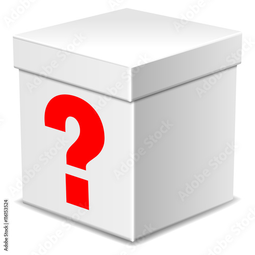 Mysterious white box with question mark isolated on white