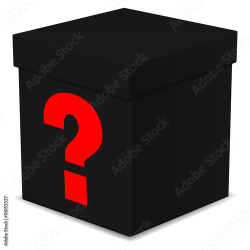 Mysterious black box with question mark isolated on white
