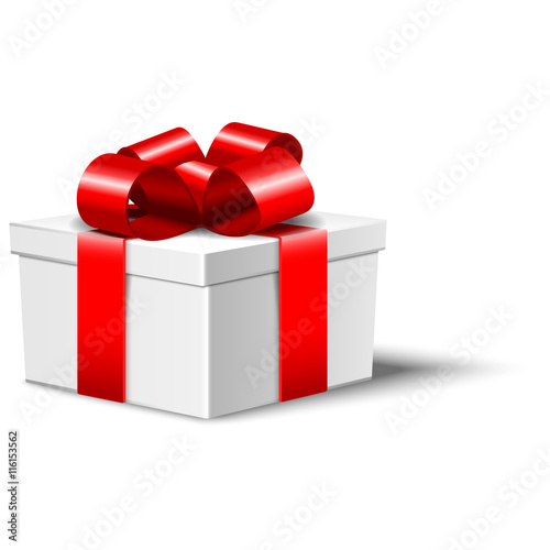 White gift box with red bow isolated on white, vector illustration