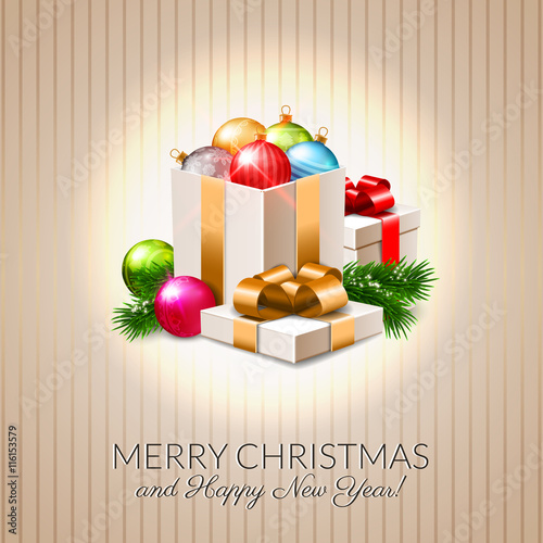 Christmas postcard, beautiful shiny baubles and gift boxes, fir branches with snow