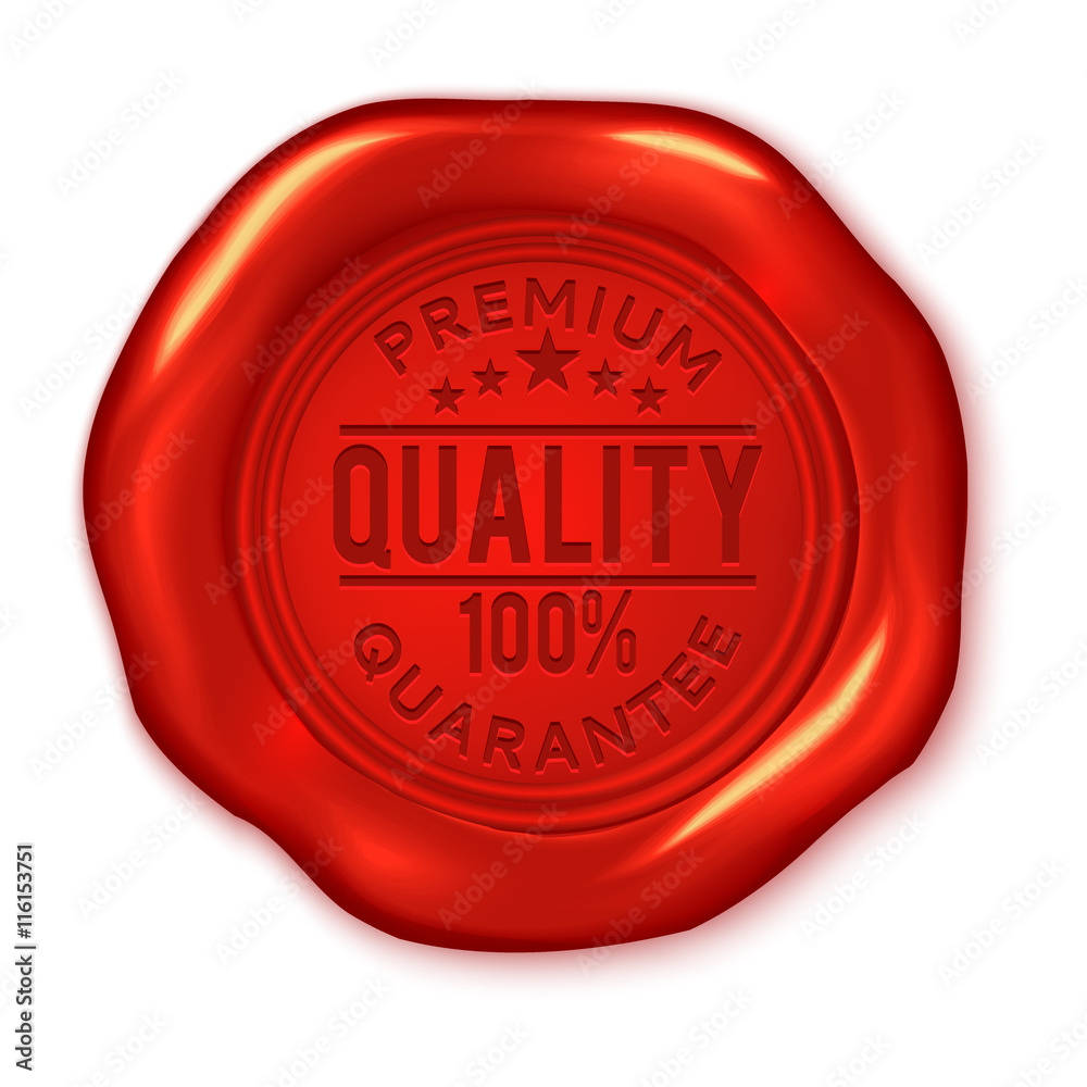 Premium quality guarantee text on vector red wax seal isolated on white Premium quality guarantee text on vector red wax seal isolated on white