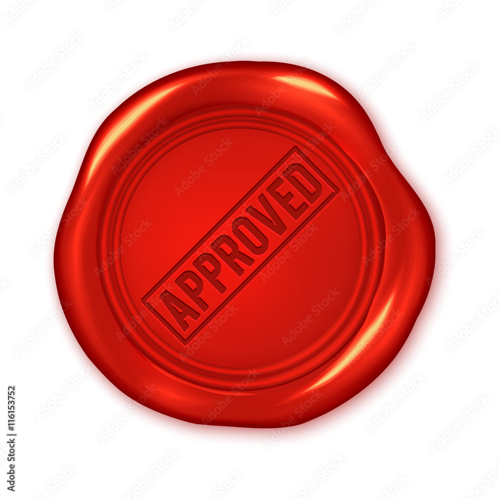 Approved text on vector red wax seal isolated on white Approved text on vector red wax seal isolated on white