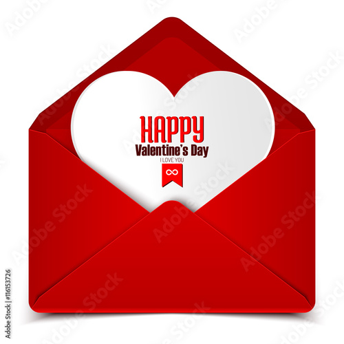 Valentine's day postcard, vector illustration of red envelope with white heart in it