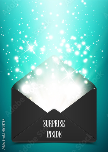 Vector illustration, surprise envelope gift with shine