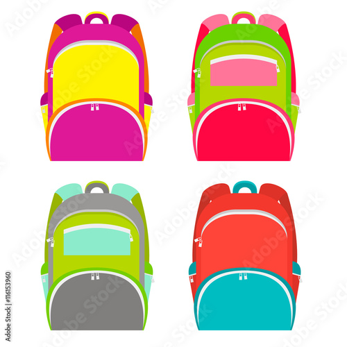 School backpacks collection isolated on white. School backpack in 4 different versions. Vector illustration.