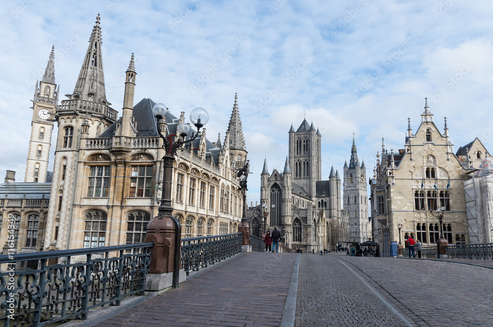 St Michael's bridge and medieval buildings. Ghent, Belgium.

