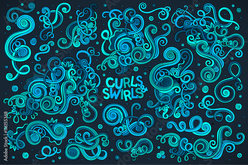 Fototapeta Naklejka Na Ścianę i Meble -  Vector hand drawn Doodle cartoon set of curls and swirls 