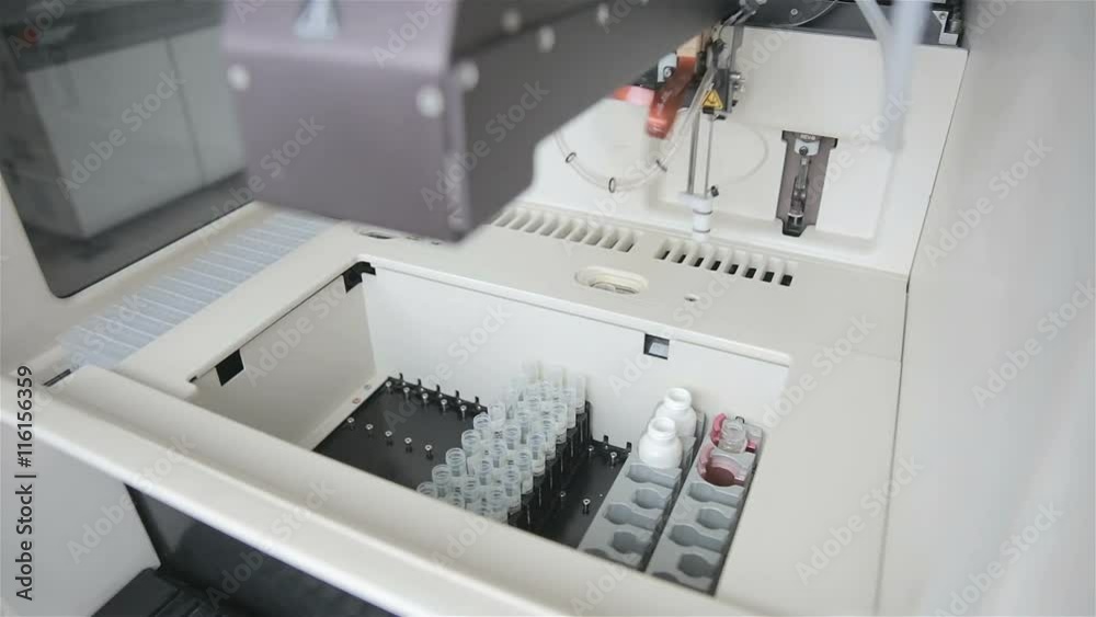 Robotic Laboratory analysis and diagnostics of samples in test tubes with modern automated equipment. HD. Robotic Laboratory analysis and diagnostics of samples in test tubes with modern automated equipment. HD.
