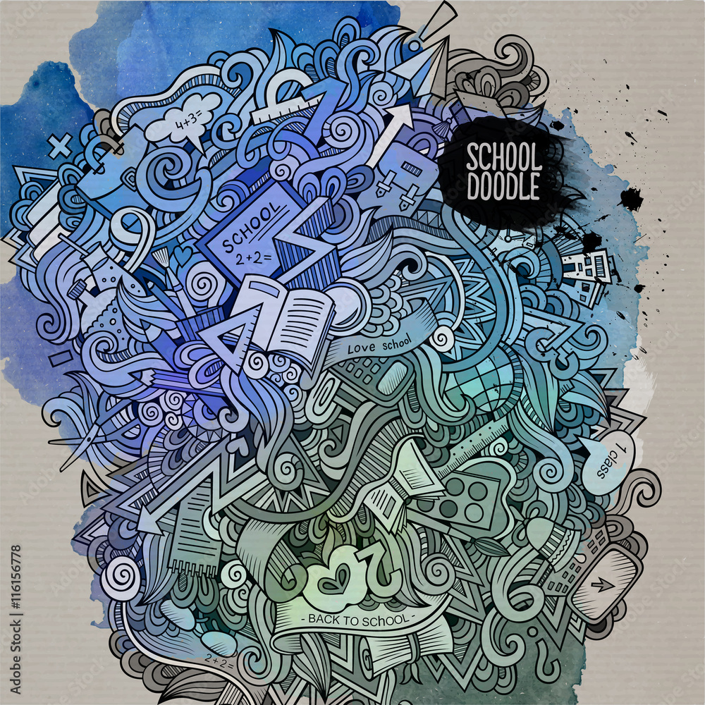 Obraz premium School watercolor cartoon doodles background