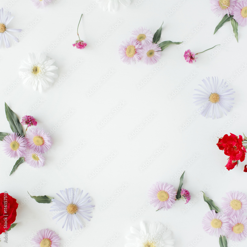 round frame wreath pattern with roses, pink flower buds, branches and leaves isolated on white background. flat lay, top view