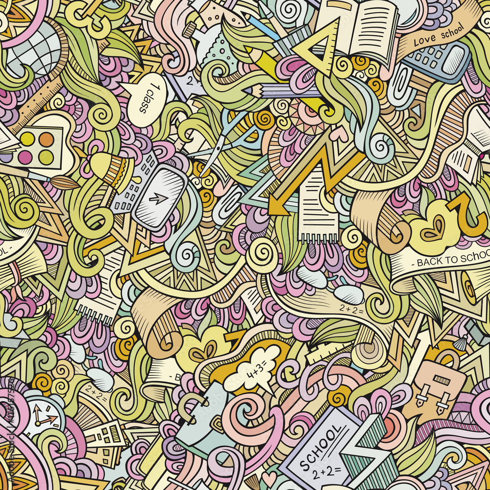 Naklejka premium Cartoon vector doodles hand drawn school seamless pattern