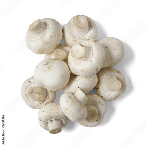 A pile of white closed cup mushrooms isolated on a white background