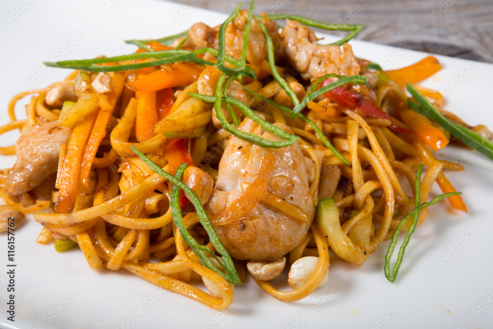 Thai fried noodles with chicken Thai fried noodles with chicken
