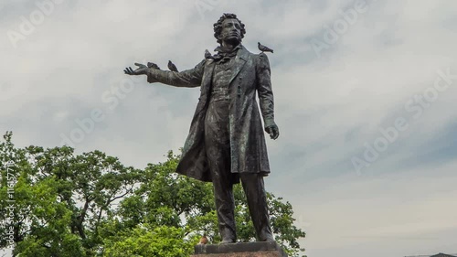 Monument to Alexander Pushkin timelapse hyperlapse on Ploshchad Iskusstv Arts Square in St.-Petersburg, Russia photo