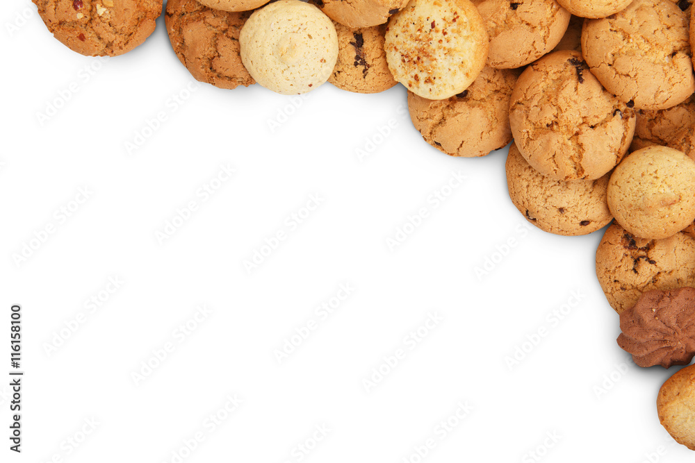 Lots of cookies and biscuits at white with copy space Lots of cookies and biscuits at white with copy space