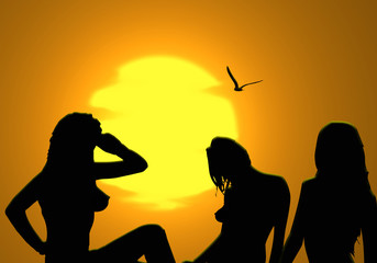 Mujeres en la playa, siluetas, verano, sol