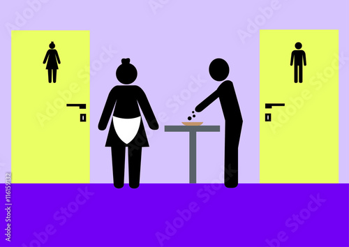 Illustration Toilettenbenutzung; Gebhühr; entrichen; Cent; WC; Kleingeld; Münzen; zahlen; Klofrau