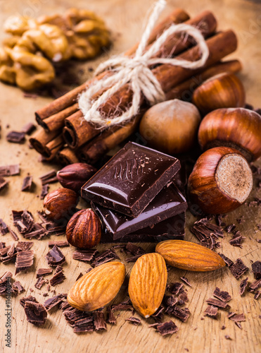 Chocolates background.Chocolate with nuts