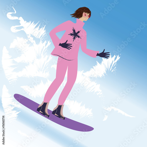 vector illustration of a woman snowboarding winter background