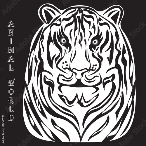 Fototapeta Naklejka Na Ścianę i Meble -  black and white silhouette illustration of a tiger white animal world inscription black background vector