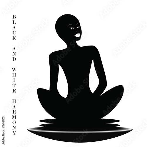 African silhouette in the lotus position isolated illustration of black and white inscription harmony vector white background