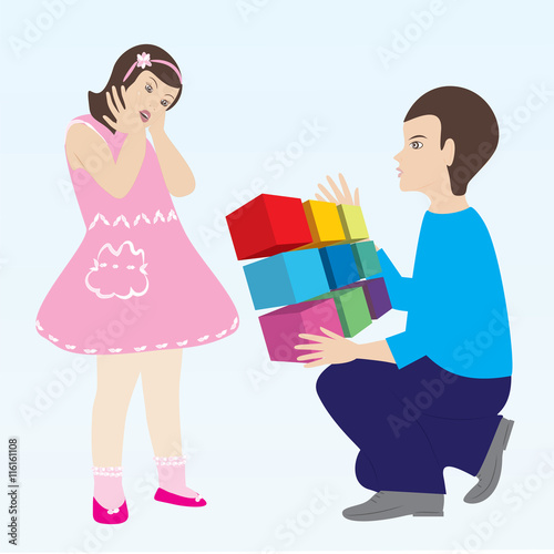 boy stands on one knee in front of a little girl gives a gift made in cubes 3d illustration of bright vector background