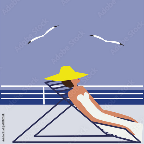 woman in yellow hat in a deck chair on the deck in a sea gull abstract art illustration minimalism flat style vector