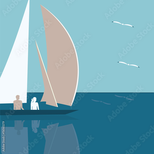 seascape yacht male and female sea gulls abstract art illustration minimalism flat style vector light blue background