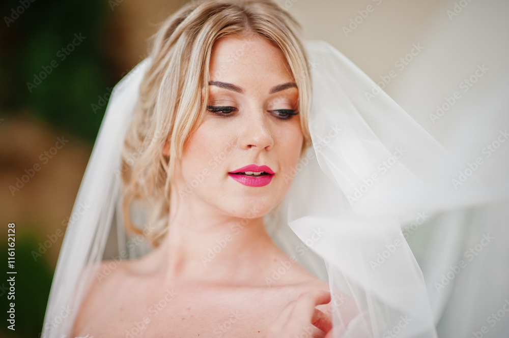 Close up portrait of face gorgeous blonde bride posed at great a
