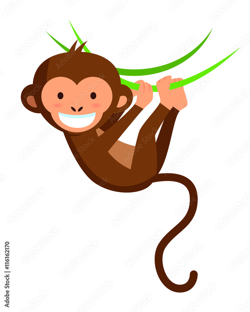 Foto Cute smiling monkey on lianas, vector illustration
