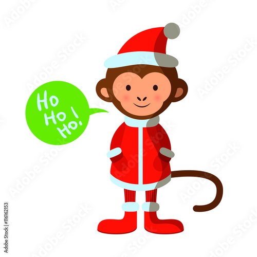 Cute monkey in Santa costume, Merry Christmas, Happy New Year, Year of the Monkey 2016 symbol, vector illustration