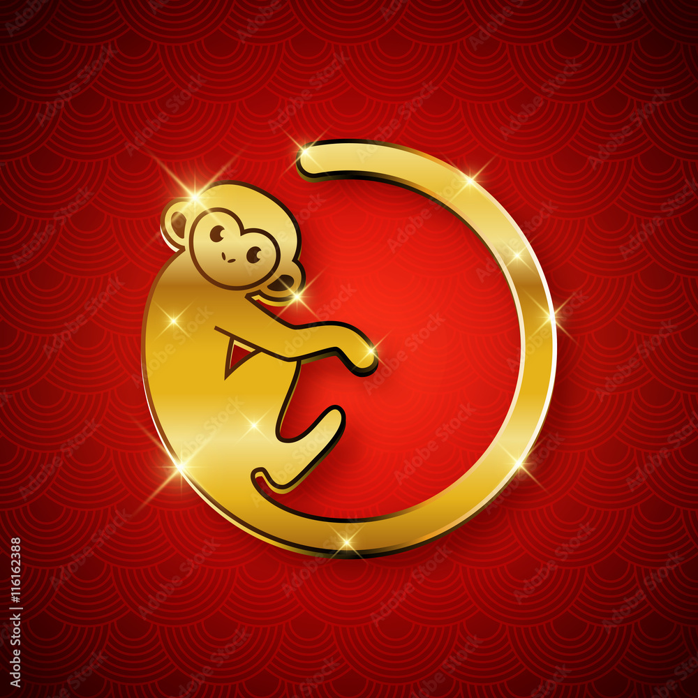 Fototapeta premium New Year symbol 2016 gold monkey design, postcard, greeting card, banner, vector illustration
