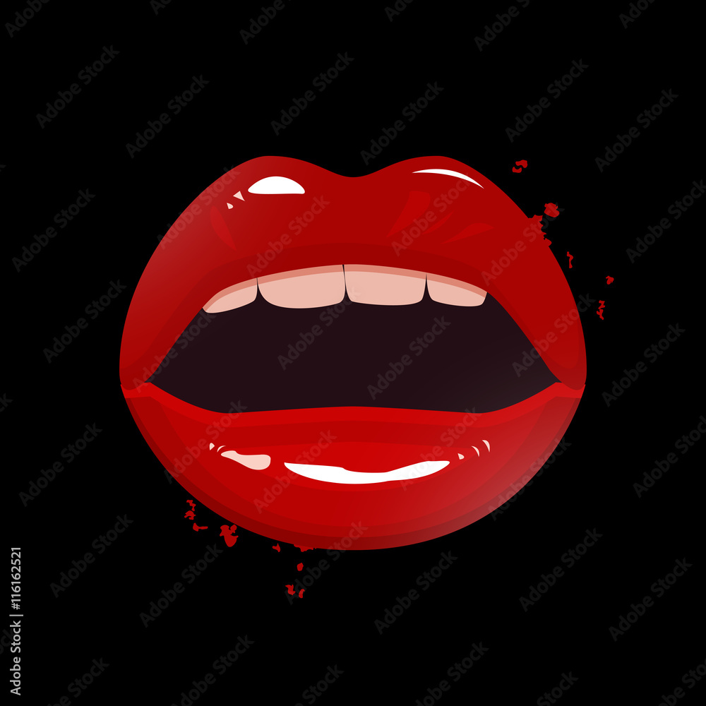 Red seductive vector lips on dark background, open mouth