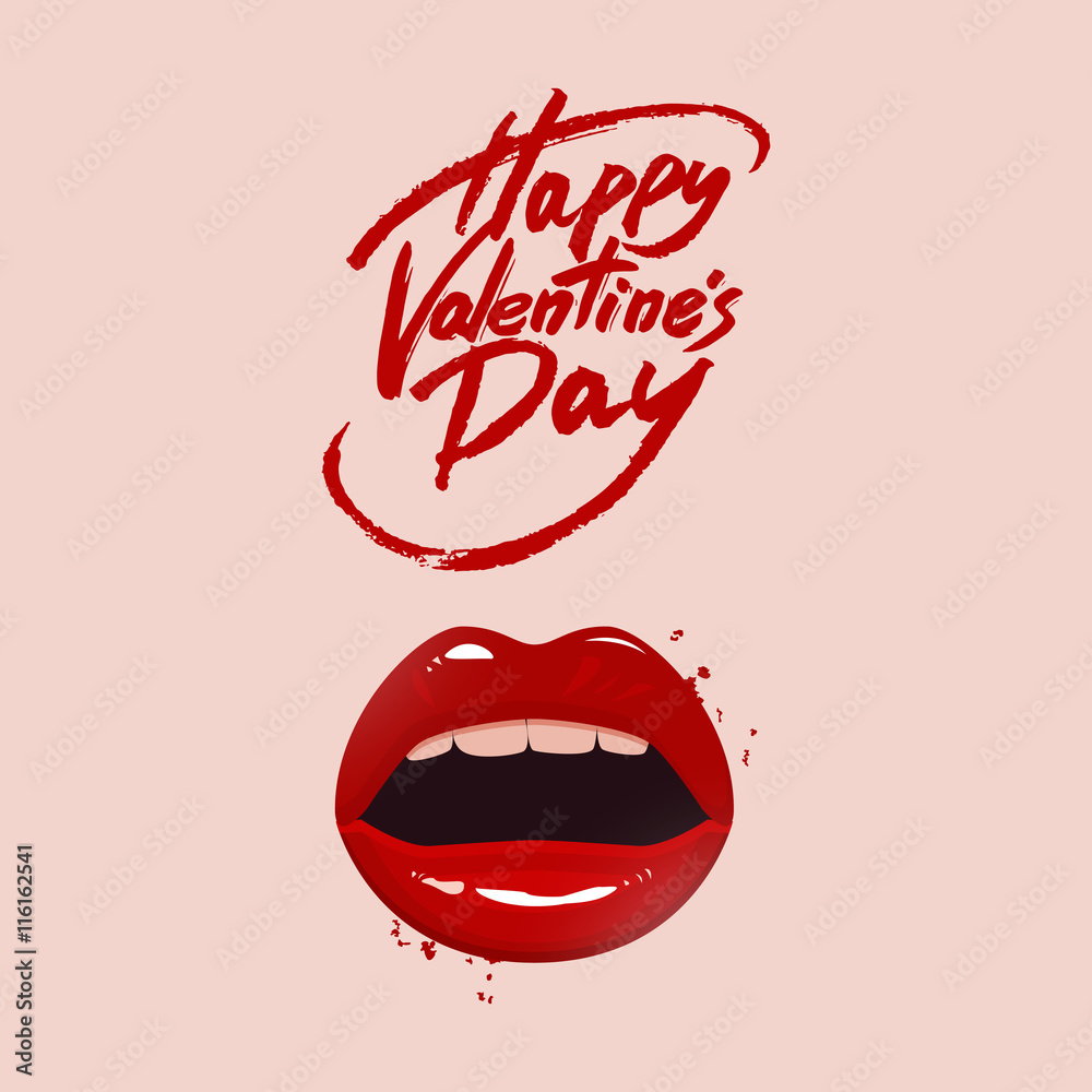 Valentine's day greeting card, red lips and brush pen lettering, vector ...