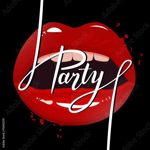 Party banner template, red seductive lips and party brush pen lettering, vector illustration