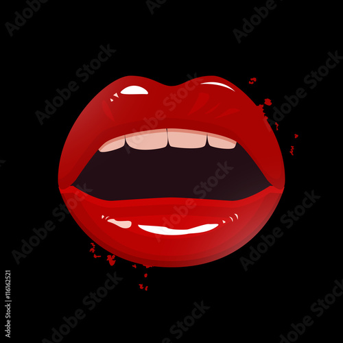 Red seductive vector lips on dark background, open mouth