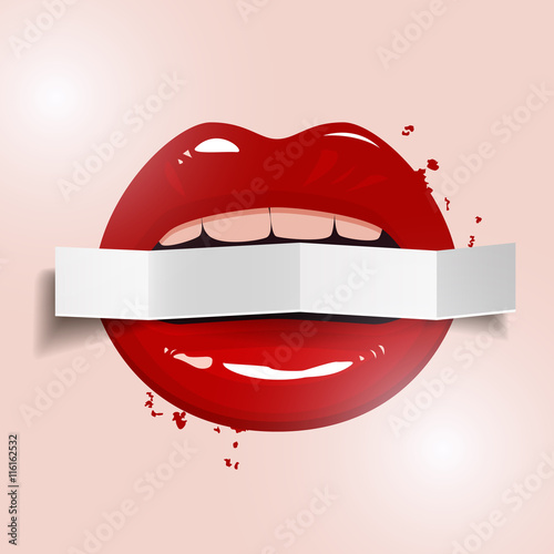 Red seductive lips holding a blank paper banner on light background, vector illustration