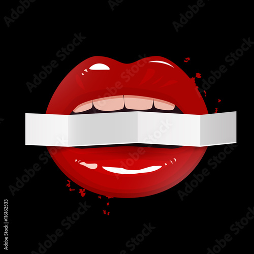 Red seductive lips holding a blank paper banner on dark background, vector illustration