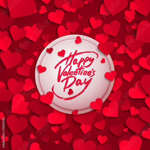 Happy Valentine's Day greeting card, brush pen lettering and red paper hearts, vector illustration