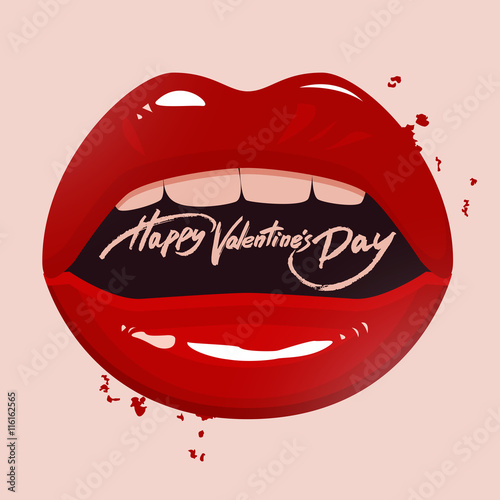 Valentine's day greeting card, red lips and brush pen lettering, vector illustration