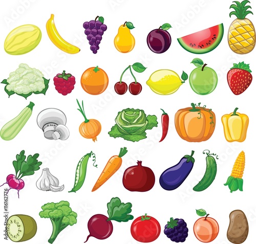 Set of vector illustrations cartoon vegetables and fruits