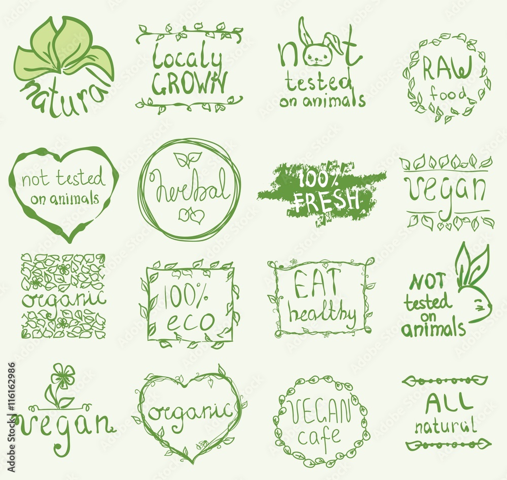 Set of 16 vector icons.100% bio, eat local, healthy food, farm fresh food, eco, organic bio, gluten free, vegetarian, vegan labels, not tested on animals. Restaurant menu logo, badges templates. 