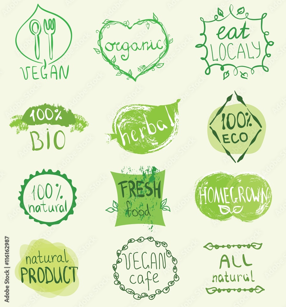Set of 100% eco, natural product, bio, organic, vegetarian, vegan labels. Vector restaurant menu logo, badges templates