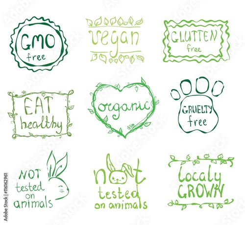 Gmo free, not tested on animals, eat local, healthy food, eco, organic bio, gluten free, vegetarian, vegan labels. Blurred rural background.Vector restaurant menu logo, badges templates