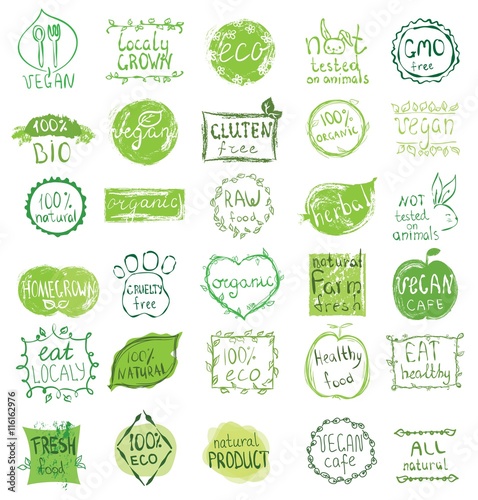 Cruelty free, not tested on animals, eat local, healthy food, eco, organic bio, gluten free, vegetarian, vegan labels. Blurred rural background. Vector restaurant menu logo, badges templates