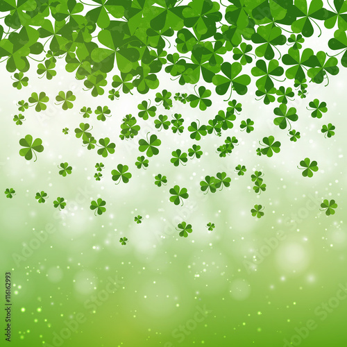 Happy Saint Patrick's day background design, postcard, template, invitation, green shamrock leaves, vector illustration