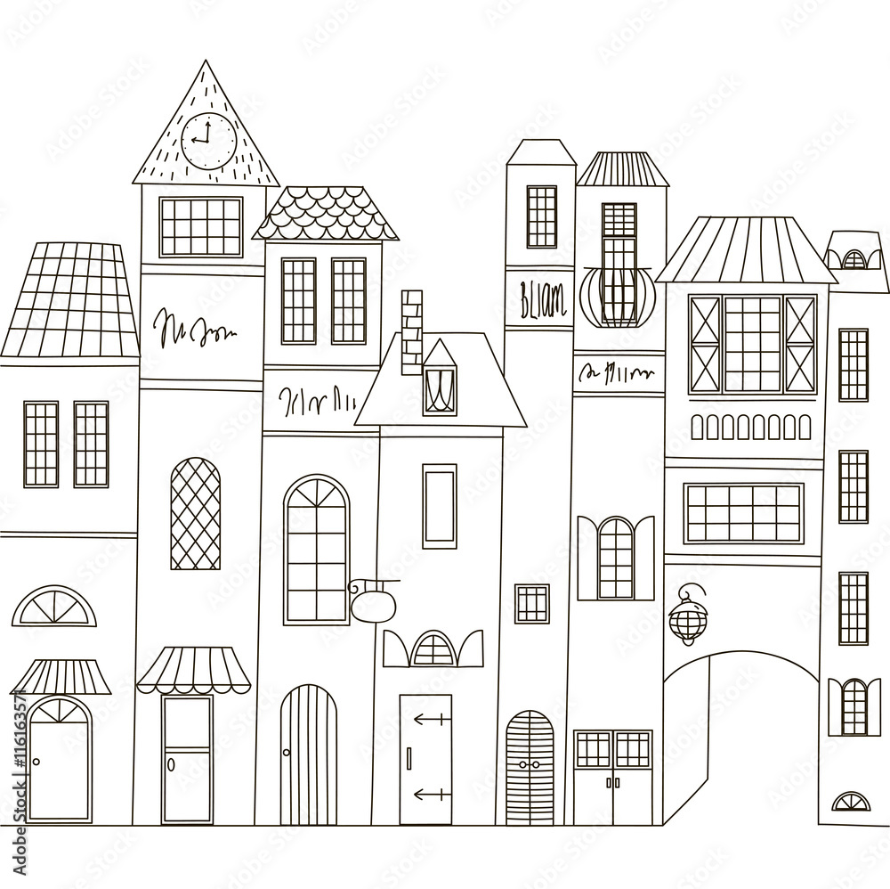 Houses in the books. BookStore. Vector illustration. Hand drawing. Coloring.