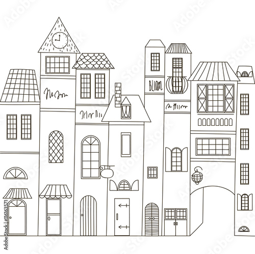 Houses in the books. BookStore. Vector illustration. Hand drawing. Coloring.
