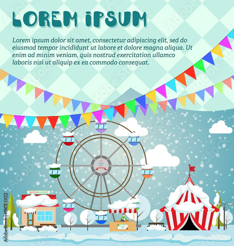 Inventation card Merry Christmas and Happy New Year on amusement park, winter market, festival, fair. Vector illustration in flat style. Supermarket, circus and ferris wheel under the snow.