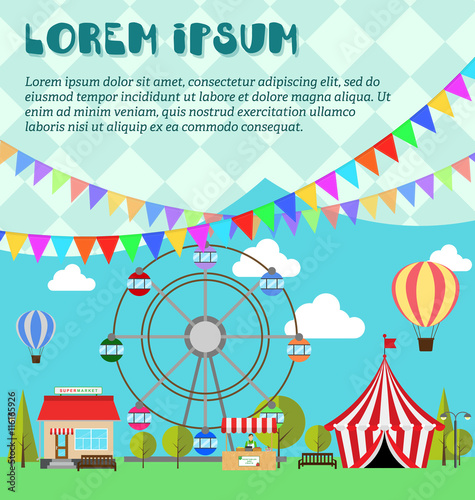 Inventation card for amusement park, winter market, festival or fair. Ferris wheel, balloon in the sky, supermarket, circus, flags outdoor and vegetarian market in flat style, vector illustration.